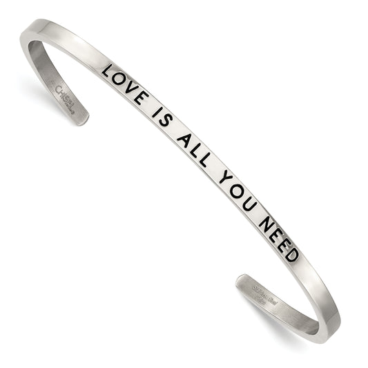 Chisel Stainless Steel Polished and Enameled with Crystal LOVE IS ALL YOU NEED 3mm Cuff Bangle