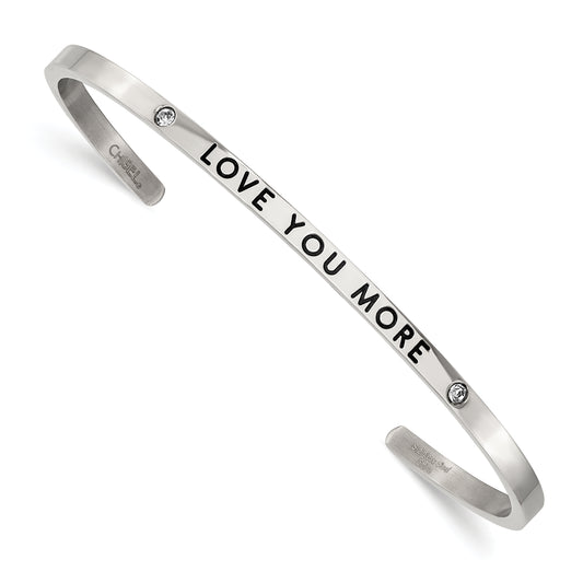 Chisel Stainless Steel Polished and Enameled with Crystal LOVE YOU MORE 3mm Cuff Bangle