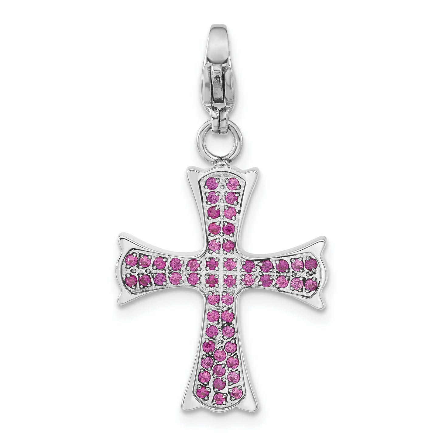 Stainless Steel Polished Dark Pink CZ Cross with Lobster Clasp Charm