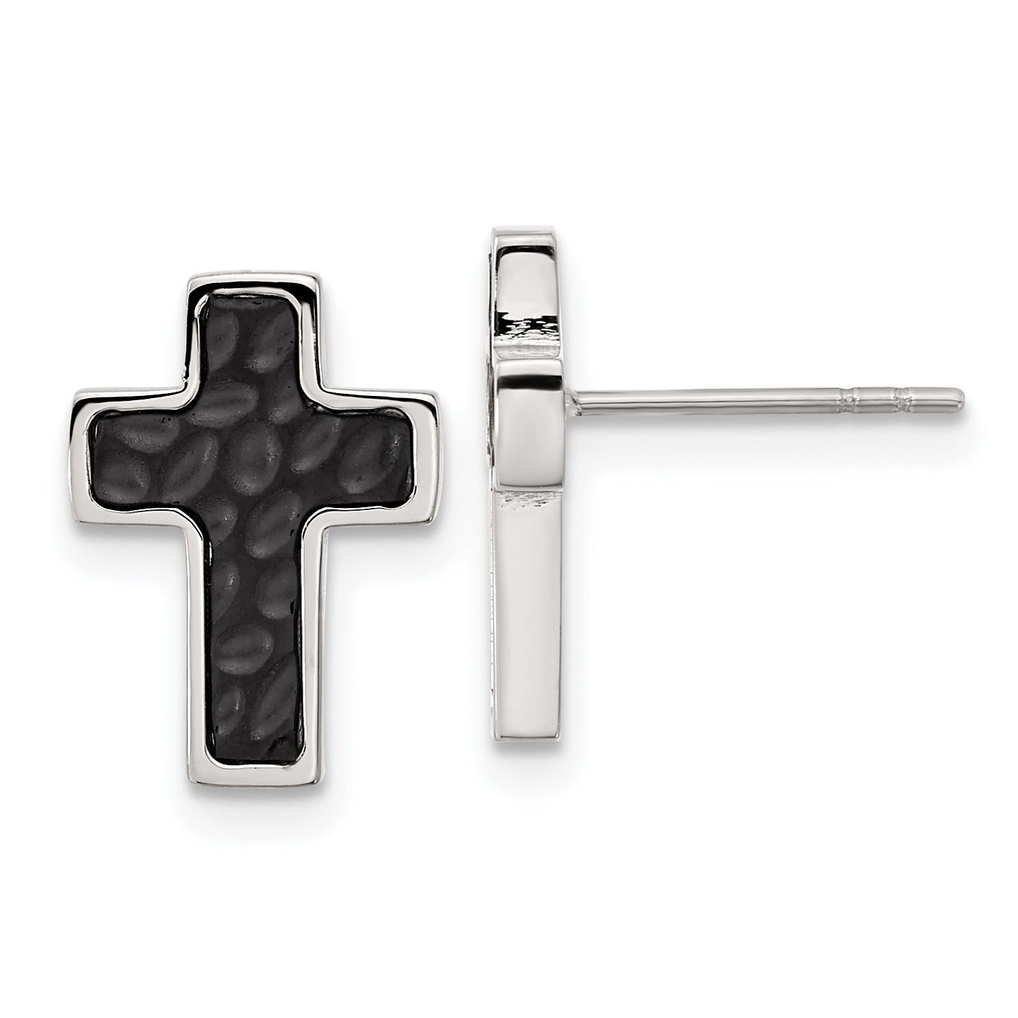 Chisel Stainless Steel Brushed Polished and Textured Black IP-plated Cross Post Earrings