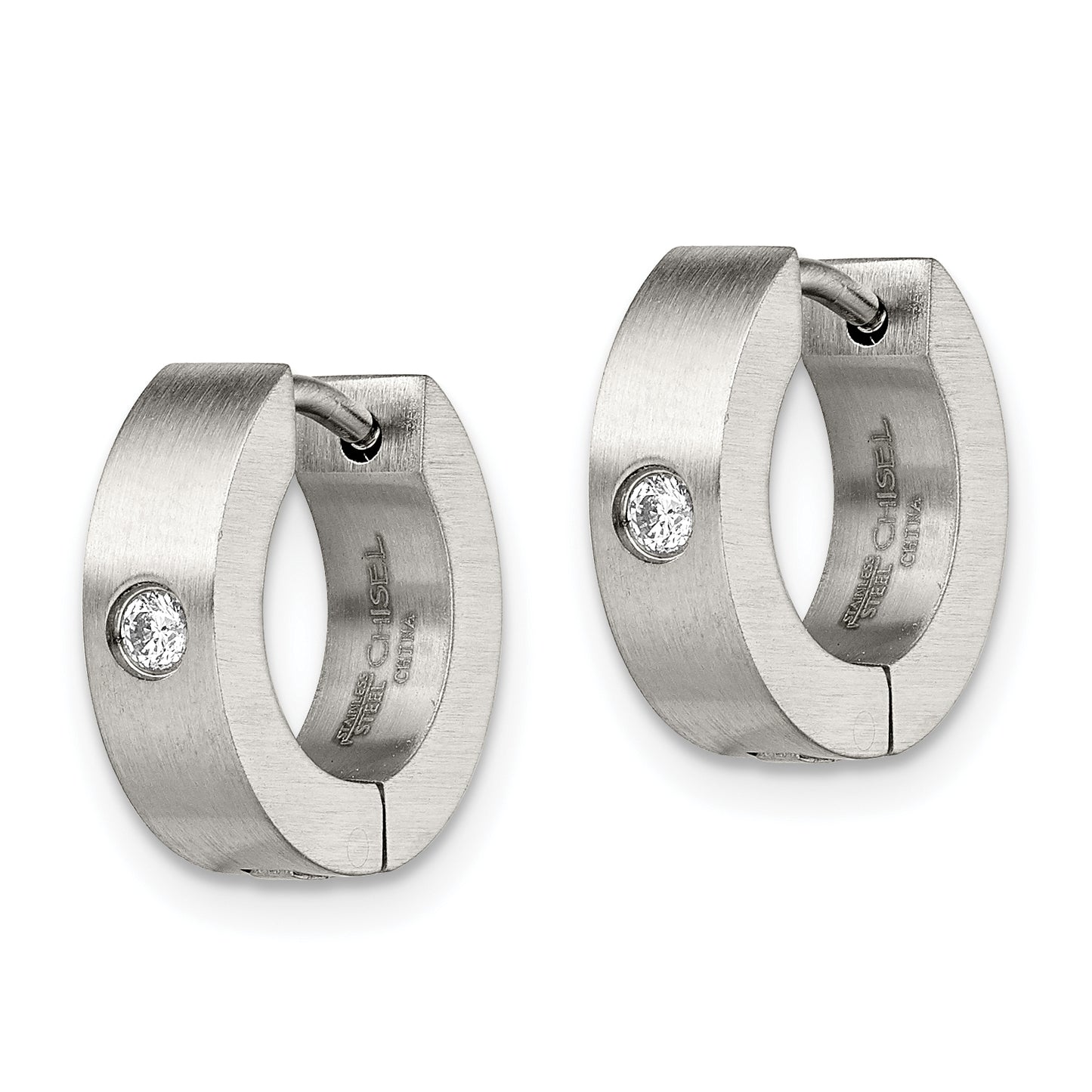 Chisel Stainless Steel Brushed with CZ 4mm Hinged Hoop Earrings