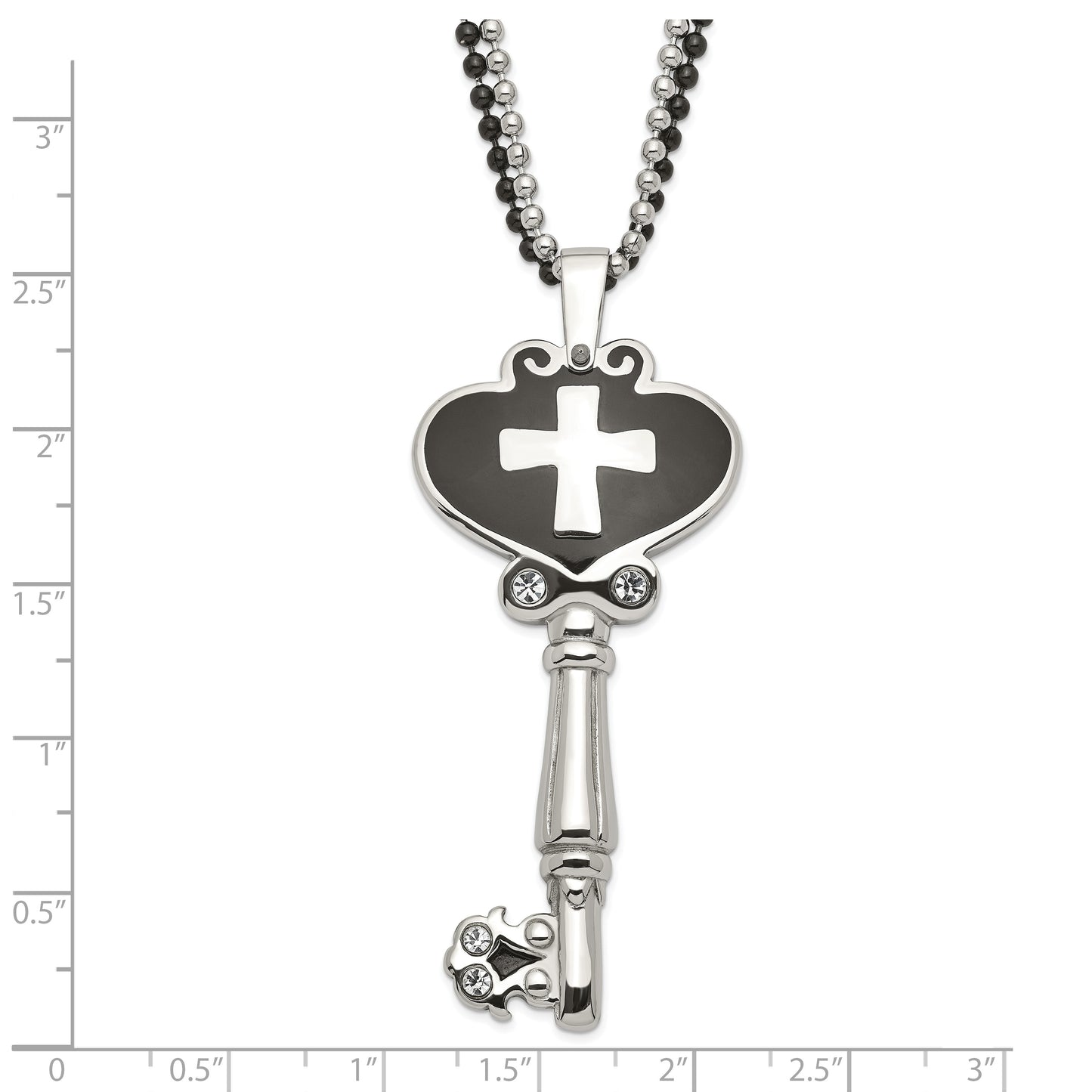 Stainless Steel Black Enamel Polished CZ Heart Cross Key Necklace