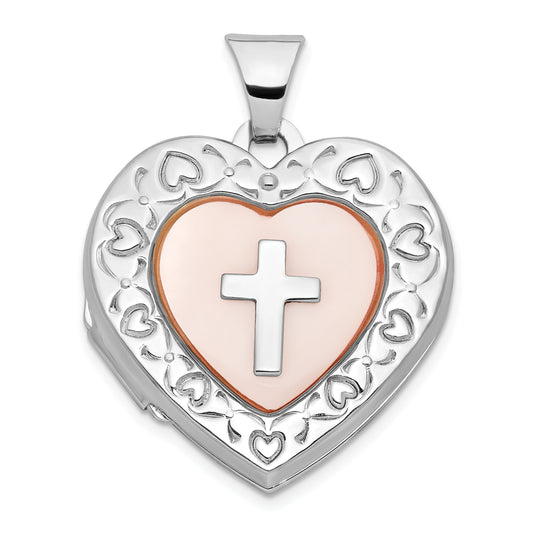 Sterling Silver Pink Mother of Pearl with Cross 21mm Heart Locket