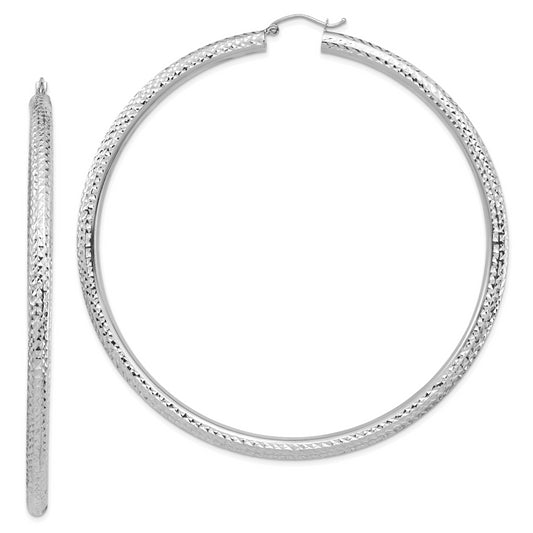 14k White Gold Diamond-cut 4x80mm Lightweight Round Tube Hoop Earrings
