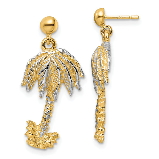 14k Textured with Rhodium Palm Tree Post Dangle Earrings
