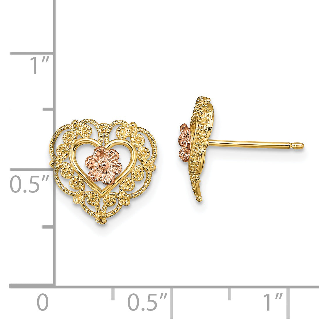14k Two-Tone with Lace Trim and Flower Heart Post Earrings