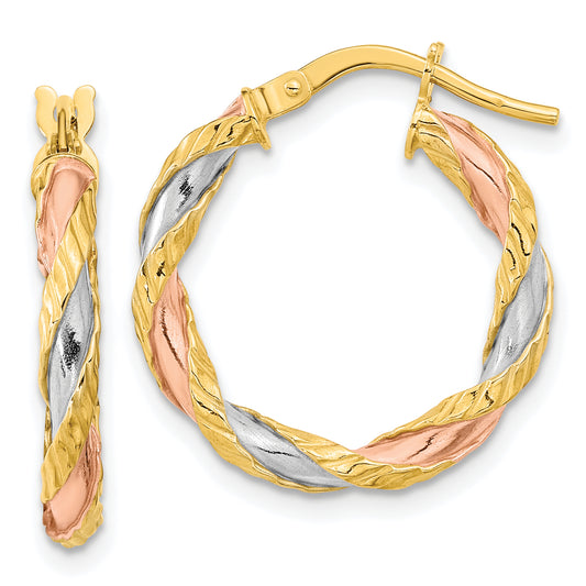 14K with Rose and White Rhodium Textured Twisted Hoop Earrings