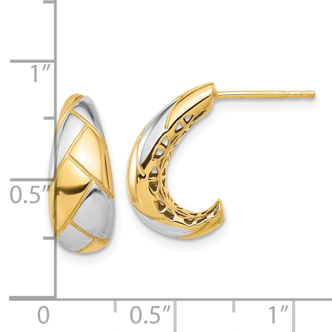 14K with White Rhodium Polished and Etched J-Hoop Post Earrings