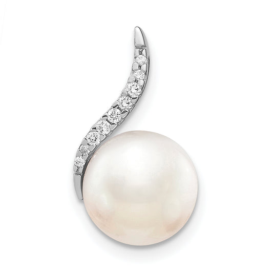 14k White Gold 9-10mm White Button FWC Pearl and Diamond Pendant