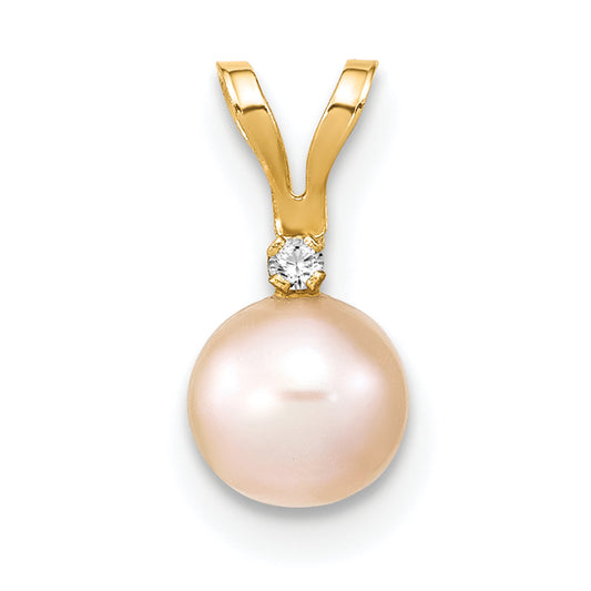 14k 5-6mm Round Pink Freshwater Cultured Pearl Diamond Pendant
