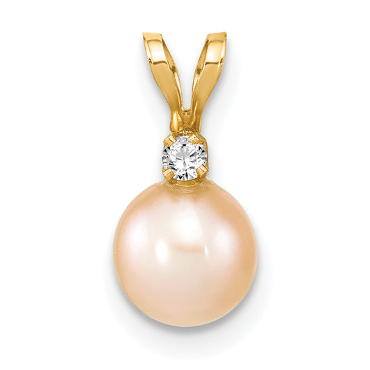 14k 6-7mm Round Pink Freshwater Cultured Pearl Diamond Pendant