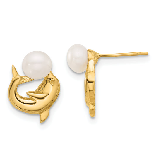 14K 5-6mm Button White FWC Pearl Dolphin Post Earrings