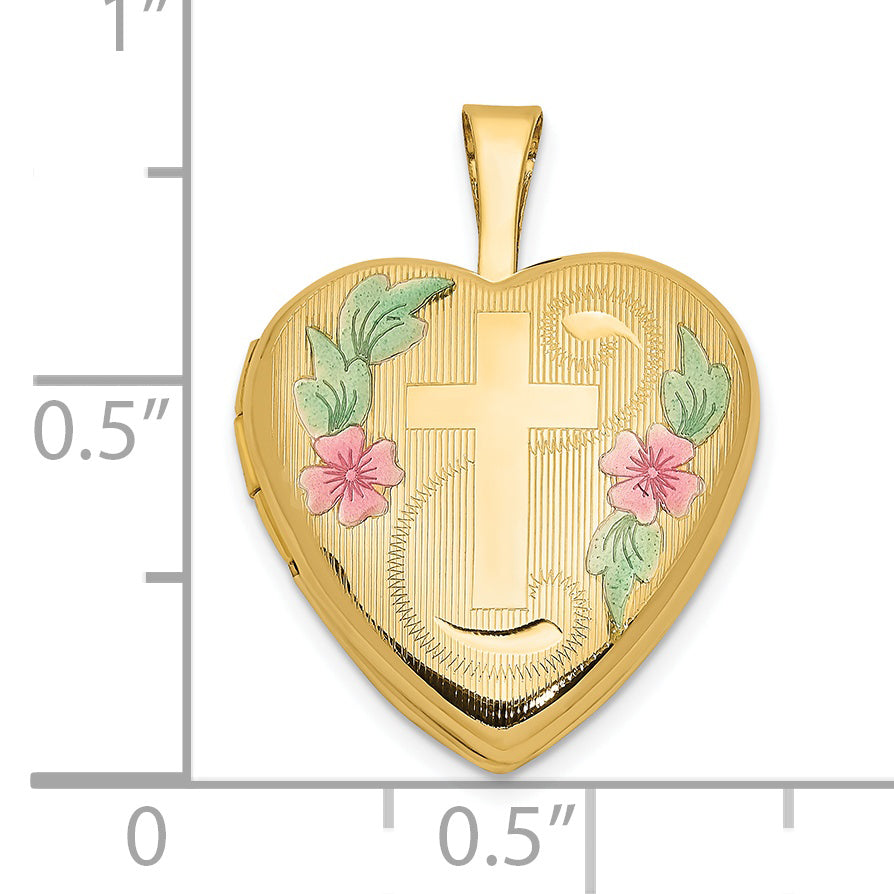 14ky 16mm with Enamel Floral Cross Heart Locket