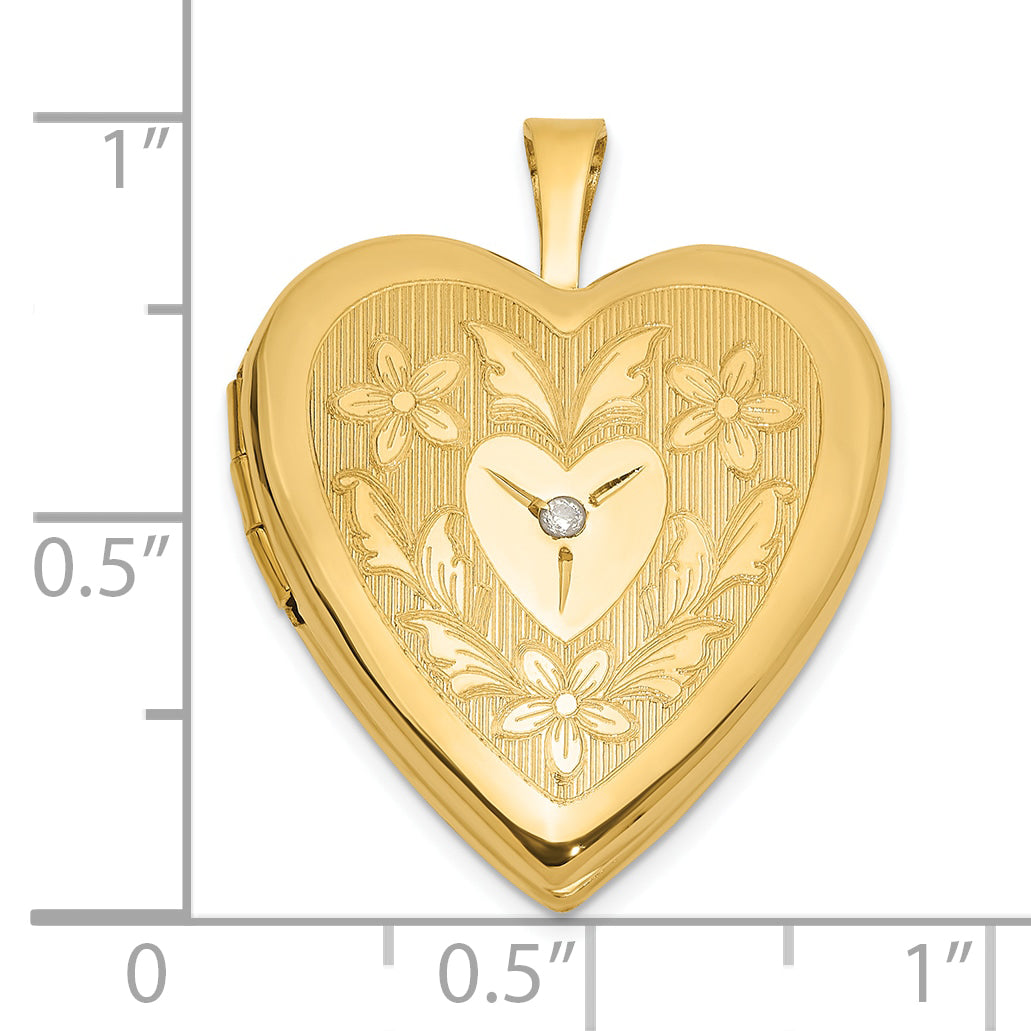 14K 20mm Polished Floral Design Diamond Heart Locket