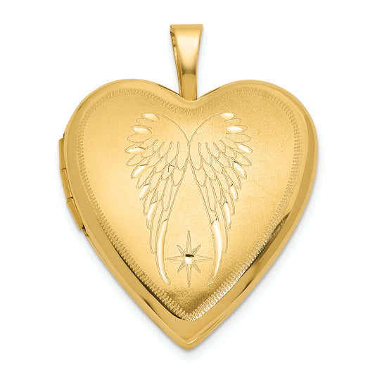 14K Satin and Polished Angel Wings 20mm Heart Locket