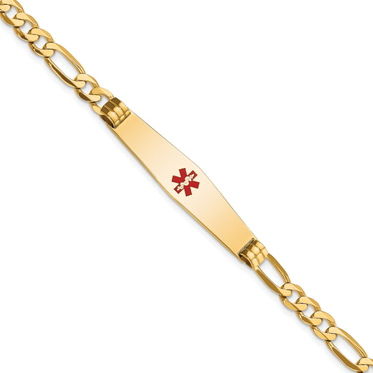 14 Karat Yellow Gold Centered Medical 9mm Soft Diamond Shape Red Enamel Flat Figaro Link ID Bracelet