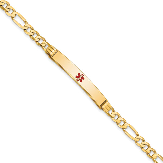 14 Karat Yellow Gold 6.5mm Centered Medical Red Enamel Flat Figaro Link ID Bracelet