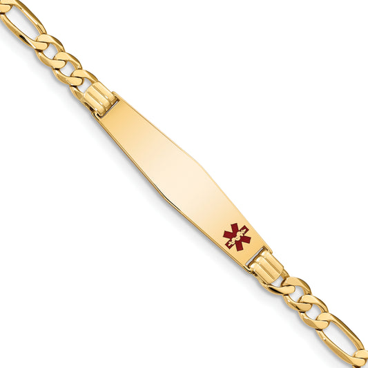 14 Karat Yellow Gold Medical 9mm Soft Diamond Shape Red Enamel Flat Figaro Link ID Bracelet