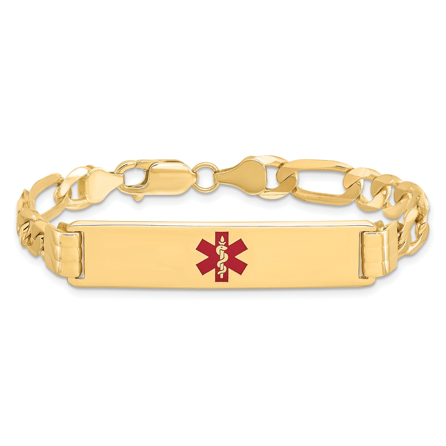 14 Karat Yellow Gold 10.5mm Centered Medical Red Enamel Flat Figaro Link ID Bracelet