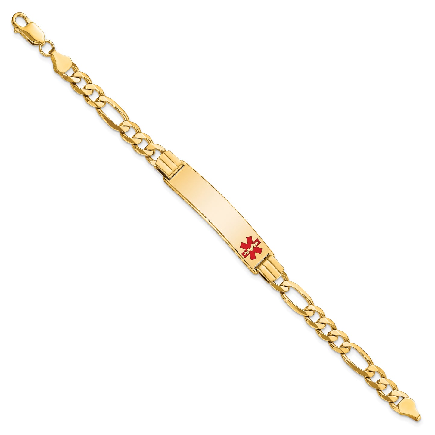 14 Karat Yellow Gold 10.5mm Medical Red Enamel Flat Figaro Link ID Bracelet