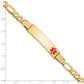 14 Karat Yellow Gold 10.5mm Medical Red Enamel Flat Figaro Link ID Bracelet