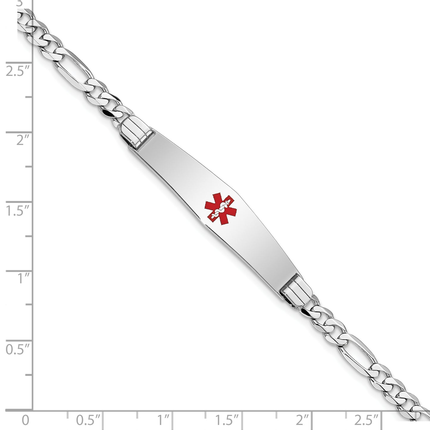 14 Karat White Gold Medical 9mm Soft Diamond Shape Red Enamel 7 inch Figaro Link ID Bracelet