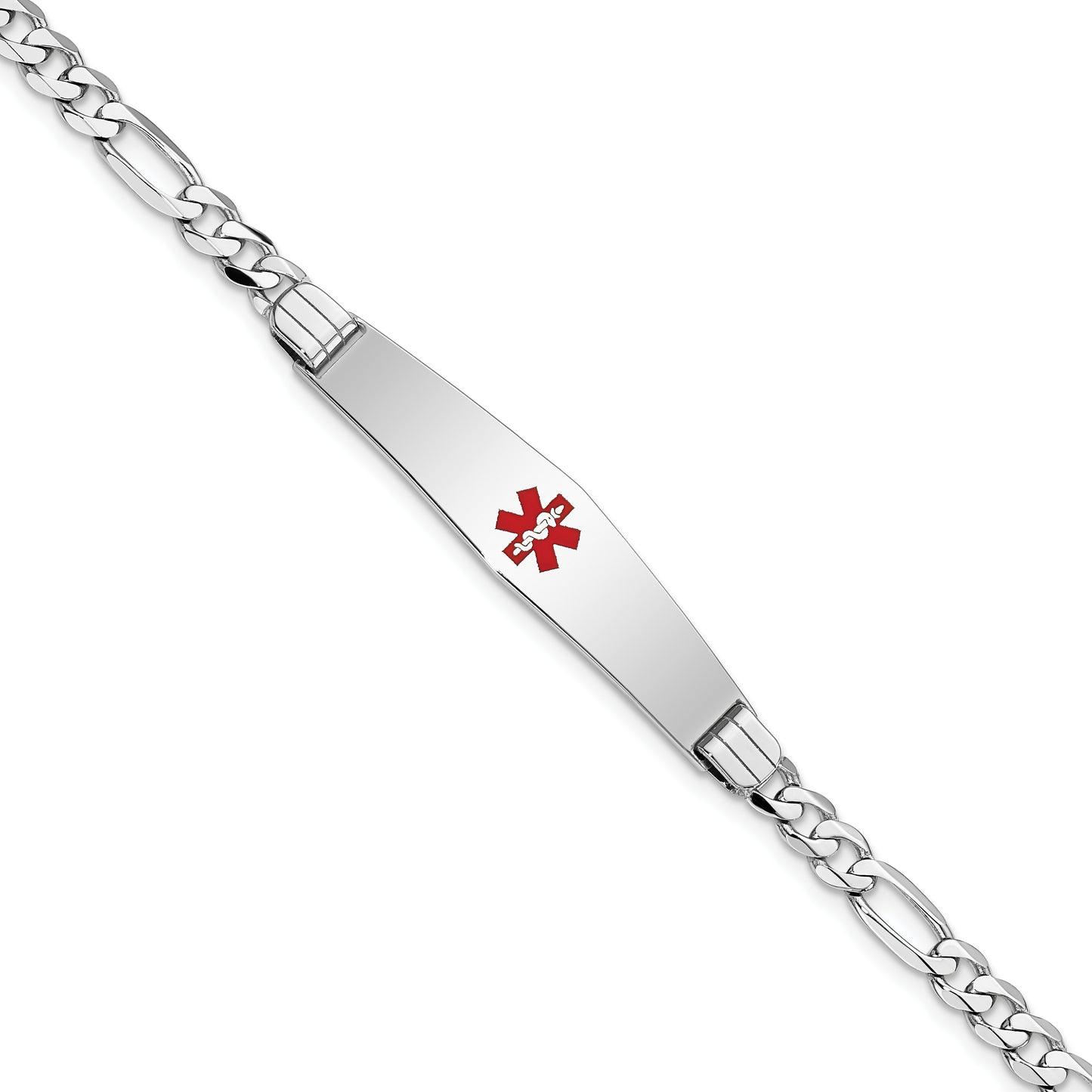 14 Karat White Gold Medical 9mm Soft Diamond Shape Red Enamel 7 inch Figaro Link ID Bracelet