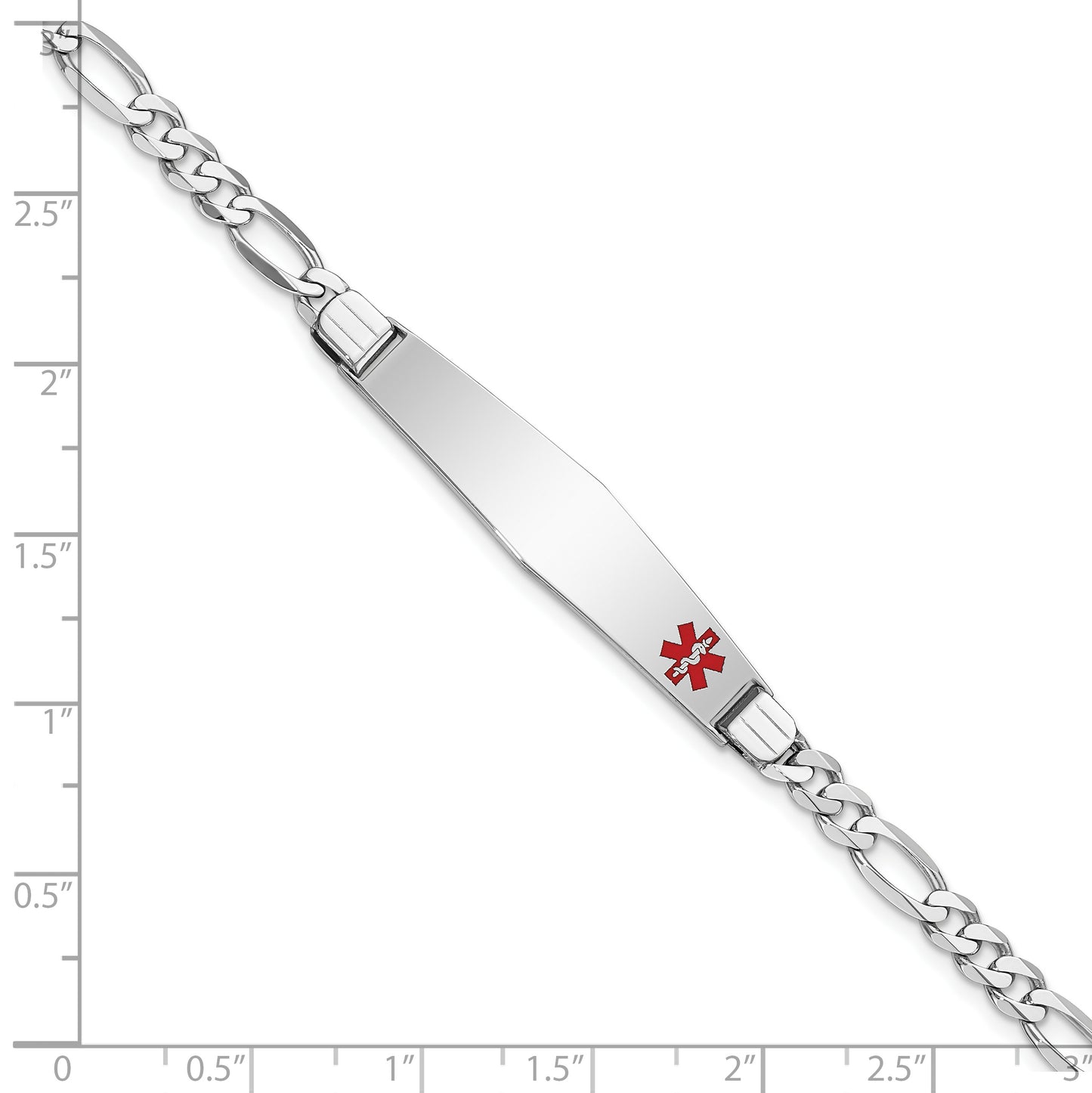 14 Karat White Gold Medical 9.0mm Soft Diamond Shape Red Enamel 7 inch Figaro Link ID Bracelet