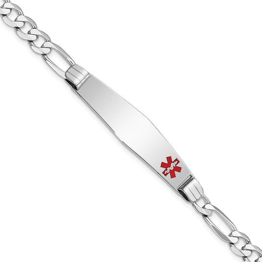 14 Karat White Gold Medical 9.5mm Soft Diamond Shape Red Enamel 8 inch Figaro Link ID Bracelet