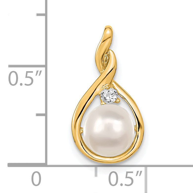14k 7mm White Round Freshwater Cultured Pearl AA Diamond Pendant