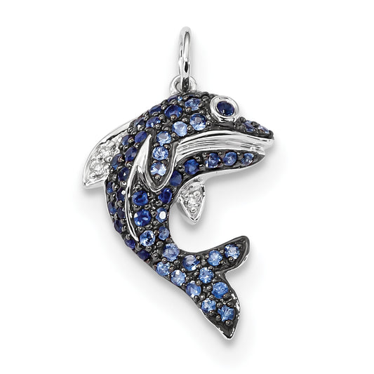 14k White Gold Diamond and Blue Sapphire Dolphin Pendant