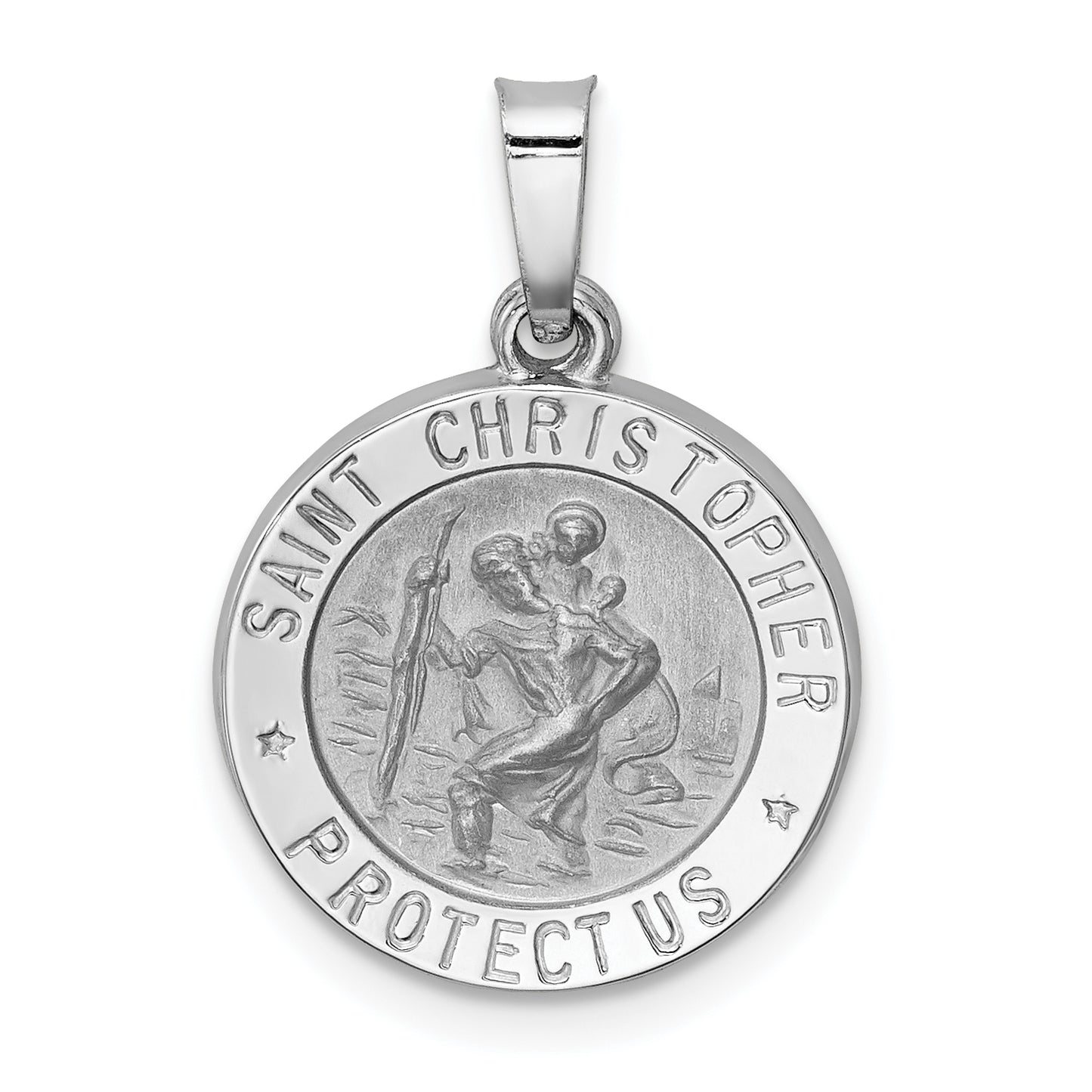 14k White Gold Polished/Satin St Christopher Medal Hollow Pendant