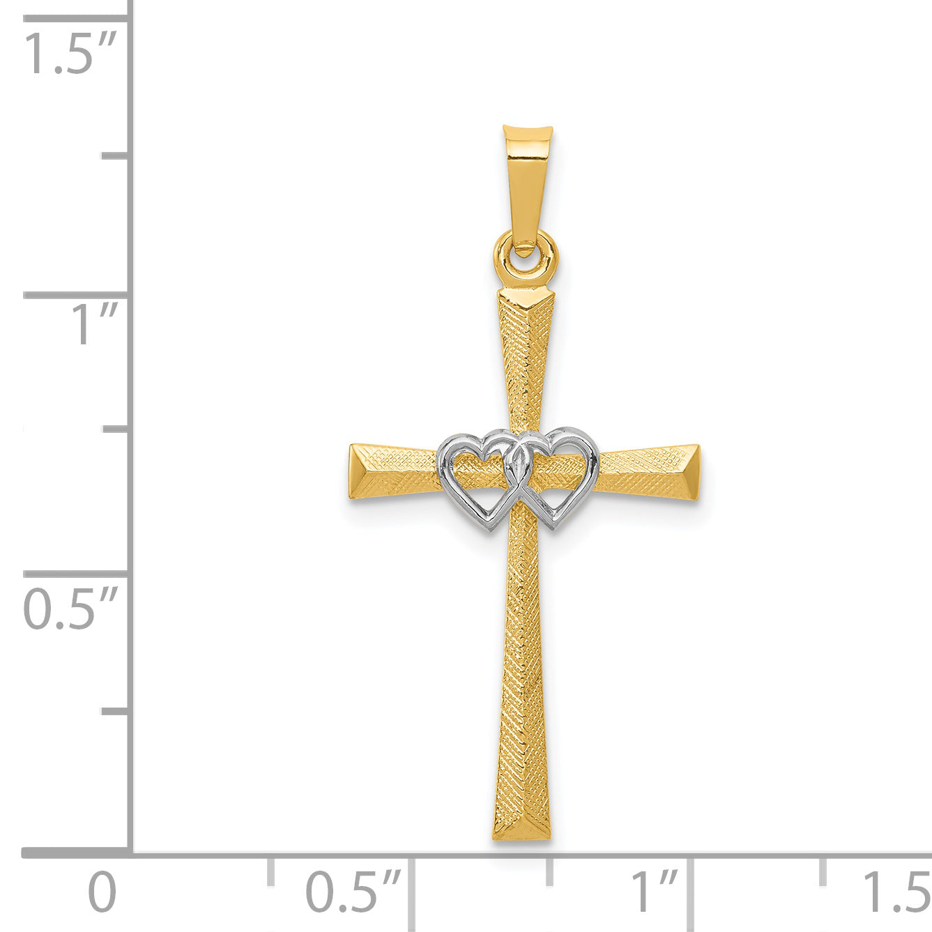 14K Two-tone Textured and Polished Latin Cross with Hearts Pendant