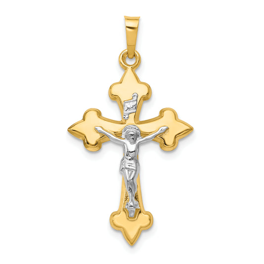 14k Two-tone Polished Fleur de Lis INRI Crucifix Pendant