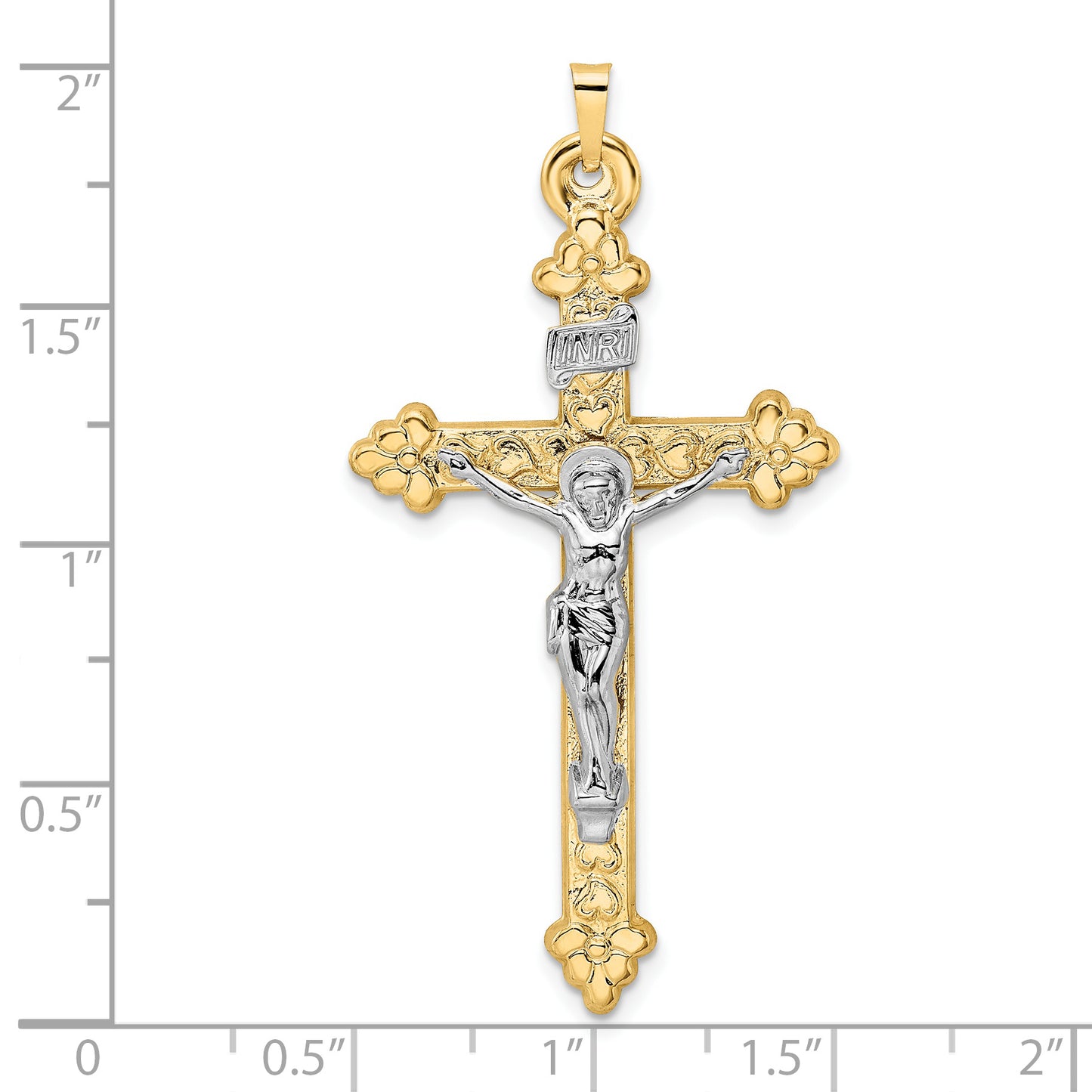 14k Two-tone Polished Hollow INRI Budded Crucifix Pendant