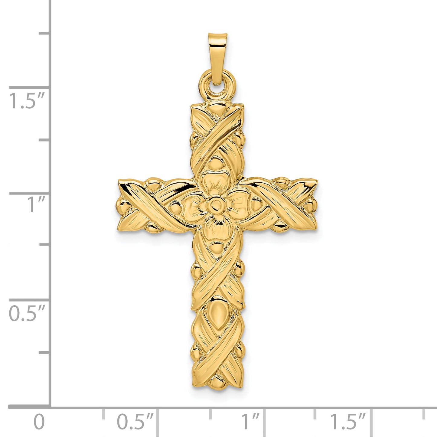 14k Polished and Textured Floral Solid Cross Pendant