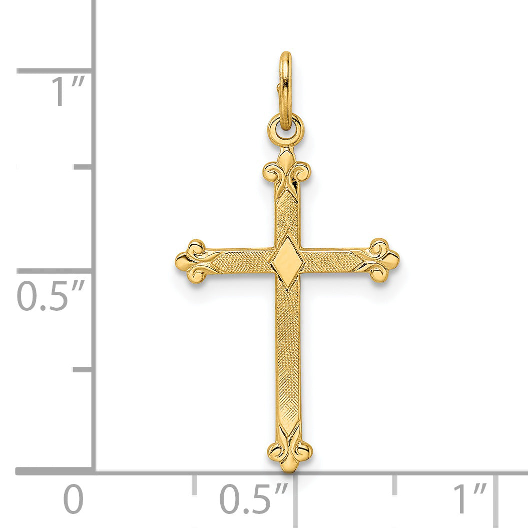 14k Polished and Textured Solid Diamond Shape Cross Pendant