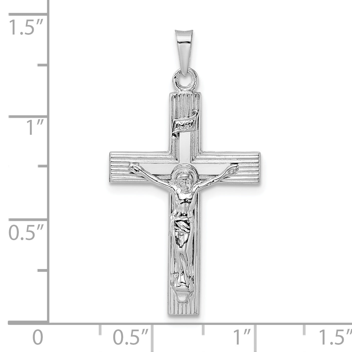 14k White Gold Polished Solid INRI Striped Crucifix Pendant