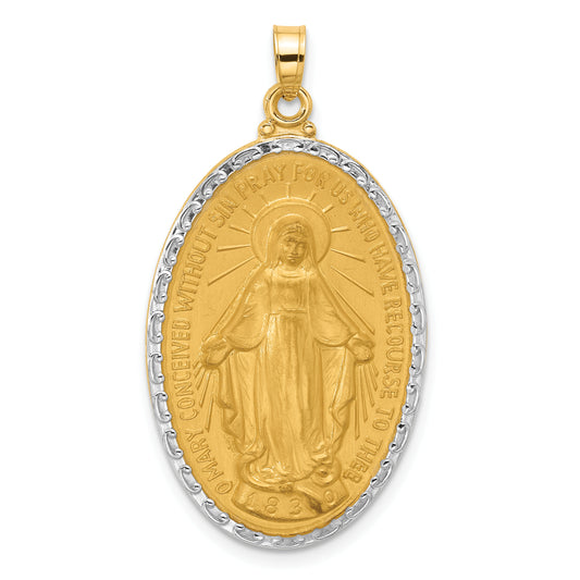 14K with Rhodium Satin and Polished Miraculous Medal Solid Oval Pendant