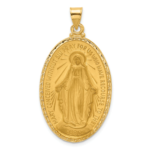 14k Satin and Polished Miraculous Medal Solid Oval Pendant