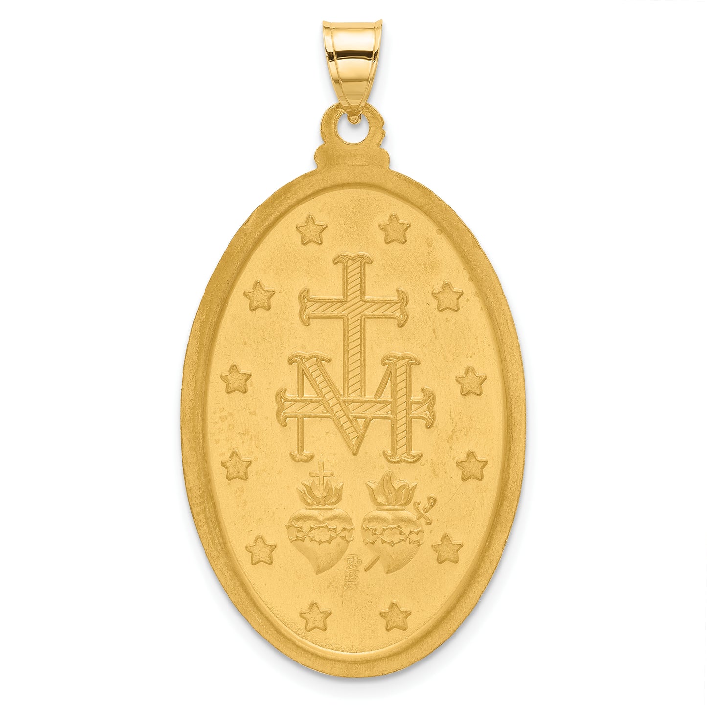 14K with Rhodium Satin and Polished Miraculous Medal Solid Oval Pendant