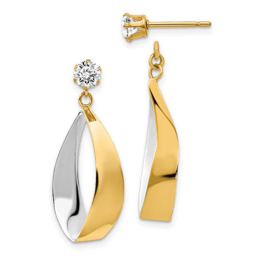 14k Oval Dangle Jacket with Rhodium and CZ Earrings