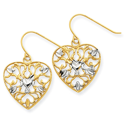 14K and Rhodium .01ct Diamond Filigree Heart Wire Earrings